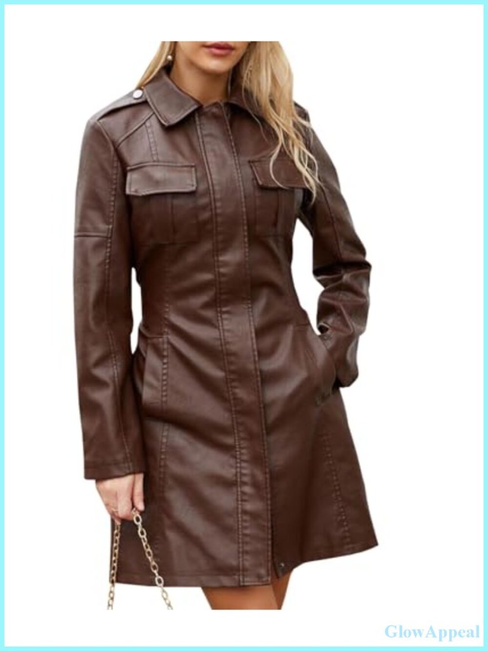 Faux Leather Trench Coat Women Mid Length Zip Up Belted Lapel Overcoat